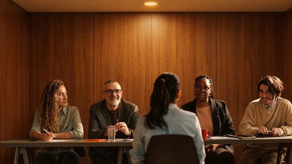 5 people sitting around a table talking
